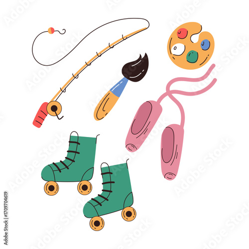 A collection of illustrated items for creative and active hobbies