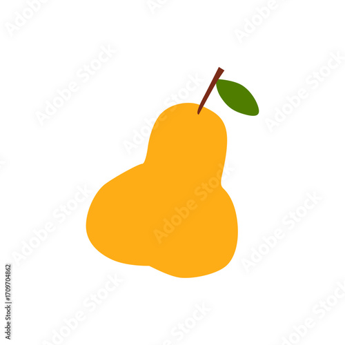 Simple illustration of a ripe, yellow pear with a small green leaf, fruit
