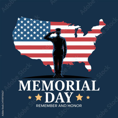 Memorial day tribute graphic, soldier silhouette with united states map, flag pattern, remember and honor message, vector