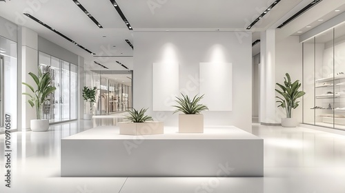 Stunning modern retail space with minimalist design and lush greenery perfect for showcasing luxury brands and creating an inviting shopping atmosphere, Generative AI.