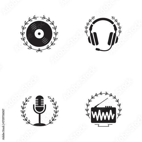 Musical Elements Silhouette Vector Design with Vinyl, Headphones, Mic, Radio