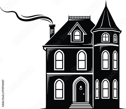 Vintage Haunted Victorian House Illustration with Chimney Smoke – Spooky Halloween Silhouette Vector for Posters, Stickers, Invitations and Decorations