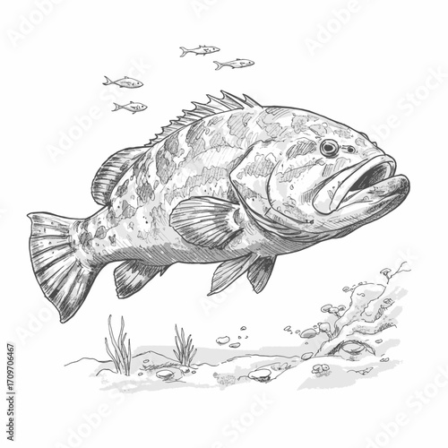 A detailed sketch of a large grouper fish with an open mouth, surrounded by small prey fish and underwater elements like plants and rocks on the seabed. The illustration captures the texture 