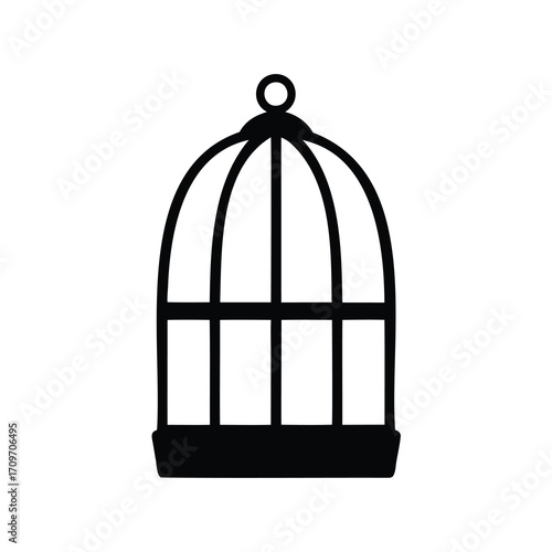 Simple minimalist black and white illustration of a vintage birdcage design
