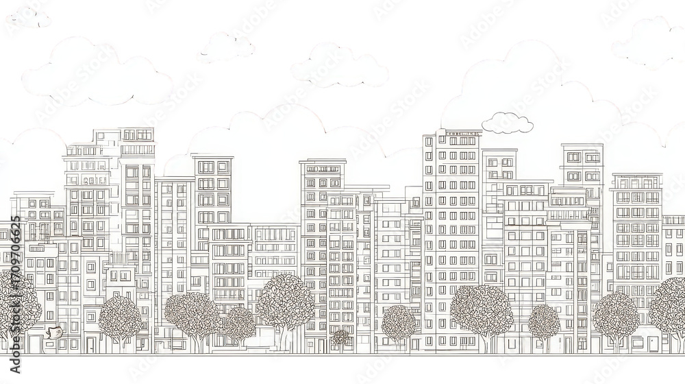 Naklejka premium Outlined Cityscape With Clouds