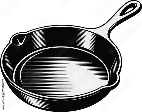 Detailed Cast Iron Skillet Illustration with Shading on a Transparent Background for Culinary Projects
