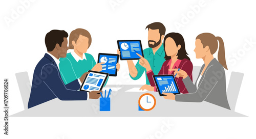 business meeting analyzing data professionals collaborating on tablets in a bright office focusing on growth strategies and achieving business goals