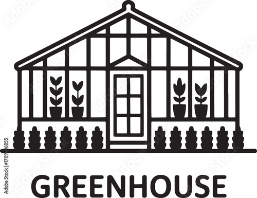 Detailed Greenhouse Outline with Potted Plants Cultivation Structure Gardening Vector Art