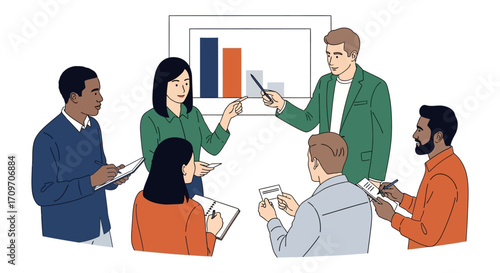 Business meeting analyzing declining charts presentation showcasing teamwork in a modern office environment for strategic planning and market trends.