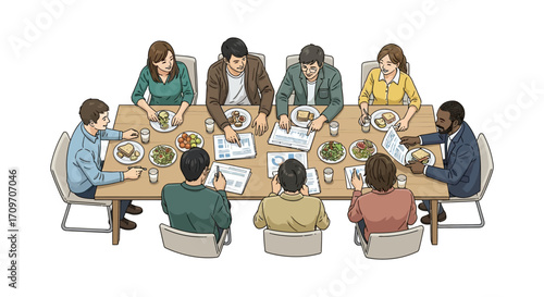 business meeting discussing project over lunch reviewing documents in office setting fostering teamwork and collaboration ideal for corporate communications