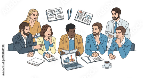 Business meeting diverse team collaborating on project reviewing data  reports in a modern office enhancing teamwork  strategic growth.