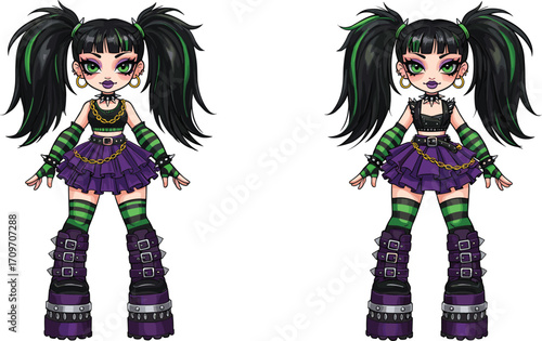 Gothic punk anime girls, dark aesthetic fashion, purple and green cyber goth outfits, edgy doll characters, alternative style artwork for design projects