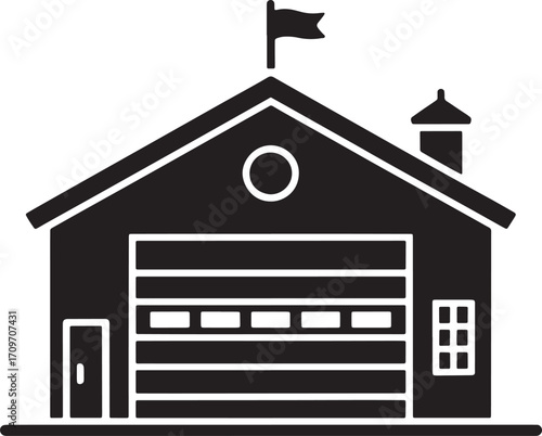 Fire Station Icon Vector Illustration Depicting Emergency Services Building with Flag and Chimney