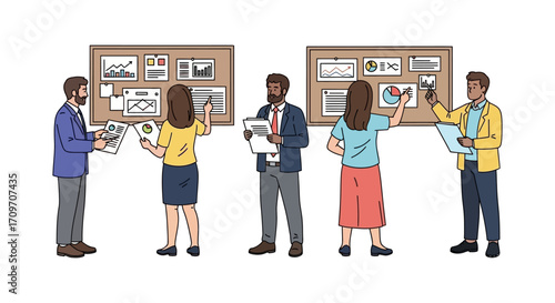business meeting presentation diverse colleagues collaborating on data analysis presenting insights on corkboards in a workspace ideal for teamwork blogs