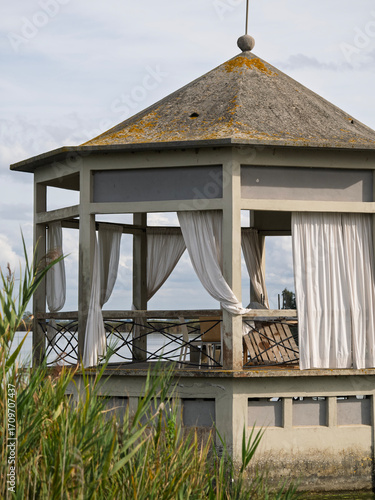 Torre del Lago Puccini, Viareggio, Lucca, Tuscany, Italy: landscape of the Lake of Massaciuccoli with a gazebo and the tower of an ancient villa in the pine forest