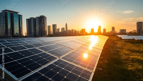 Modern solar panels reflecting golden sunlight with a city skyline softly in the background.