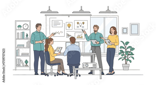 business meeting presenting data insights on a whiteboard in a modern office setting fostering collaboration and strategic discussions perfect for business reports