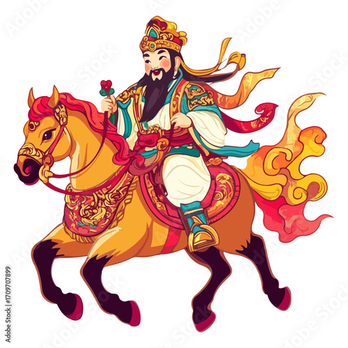 god of wealth on horseback, new year, asia, vector, transparent background, festival, god of wealth, horse, ride