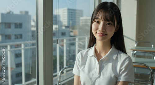 Beautiful Asian High School Student in a White Polo Shirt