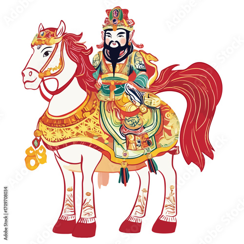 god of wealth on horseback, new year, asia, vector, transparent background, festival, god of wealth, horse, ride