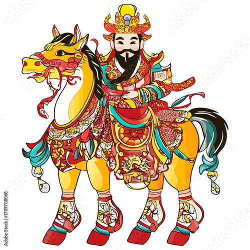 god of wealth on horseback, new year, asia, vector, transparent background, festival, god of wealth, horse, ride