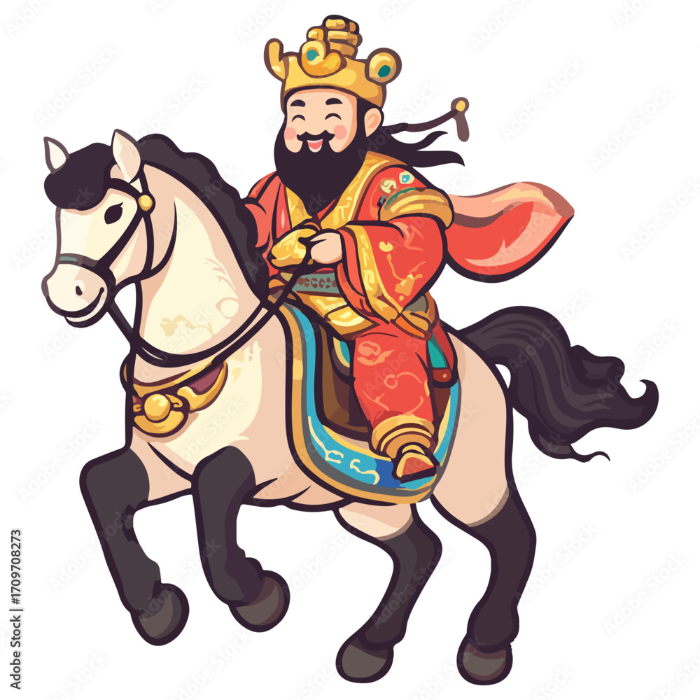 Fototapeta premium god of wealth on horseback, new year, asia, vector, transparent background, festival, god of wealth, horse, ride
