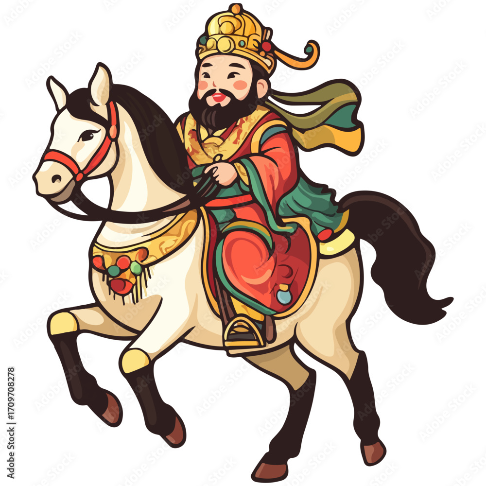 Fototapeta premium god of wealth on horseback, new year, asia, vector, transparent background, festival, god of wealth, horse, ride