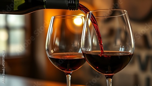 Elegant close-up of two wine glasses being filled from a bottle with a rustic backdrop.