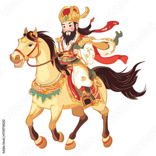 god of wealth on horseback, new year, asia, vector, transparent background, festival, god of wealth, horse, ride