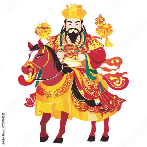 god of wealth on horseback, new year, asia, vector, transparent background, festival, god of wealth, horse, ride