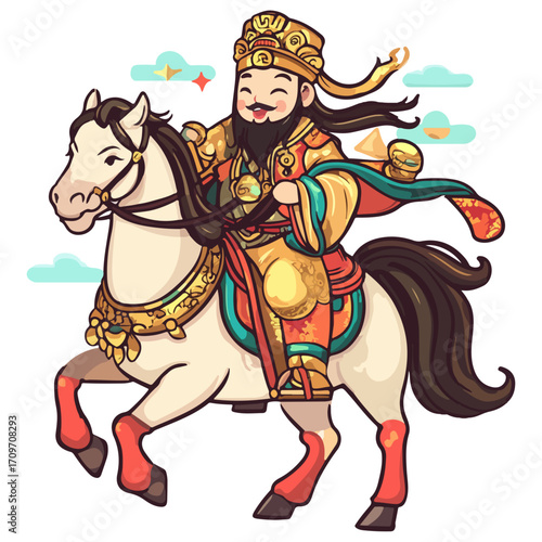 god of wealth on horseback, new year, asia, vector, transparent background, festival, god of wealth, horse, ride