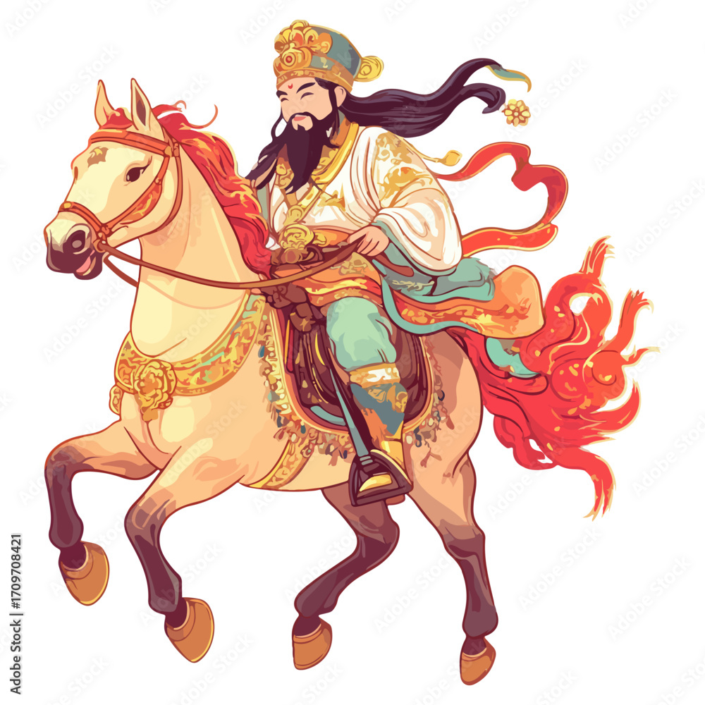 Obraz premium god of wealth on horseback, new year, asia, vector, transparent background, festival, god of wealth, horse, ride