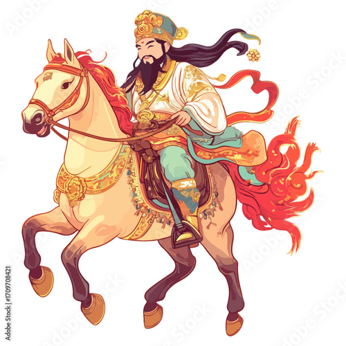 god of wealth on horseback, new year, asia, vector, transparent background, festival, god of wealth, horse, ride