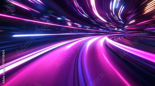 Dynamic neon light tunnel streaking through futuristic cityscape conveying speed and innovation for cutting-edge technology and progress, Generative AI.