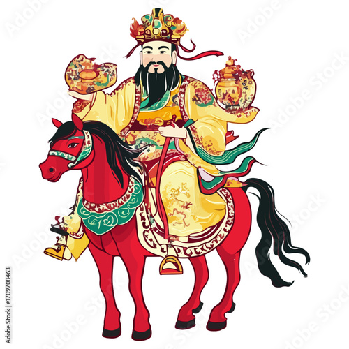 god of wealth on horseback, new year, asia, vector, transparent background, festival, god of wealth, horse, ride