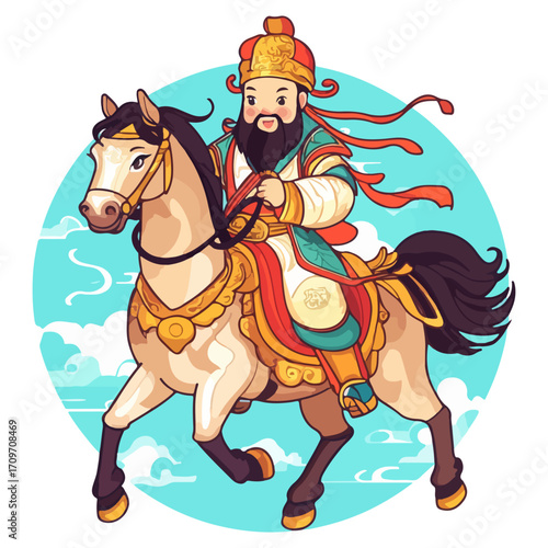 god of wealth on horseback, new year, asia, vector, transparent background, festival, god of wealth, horse, ride