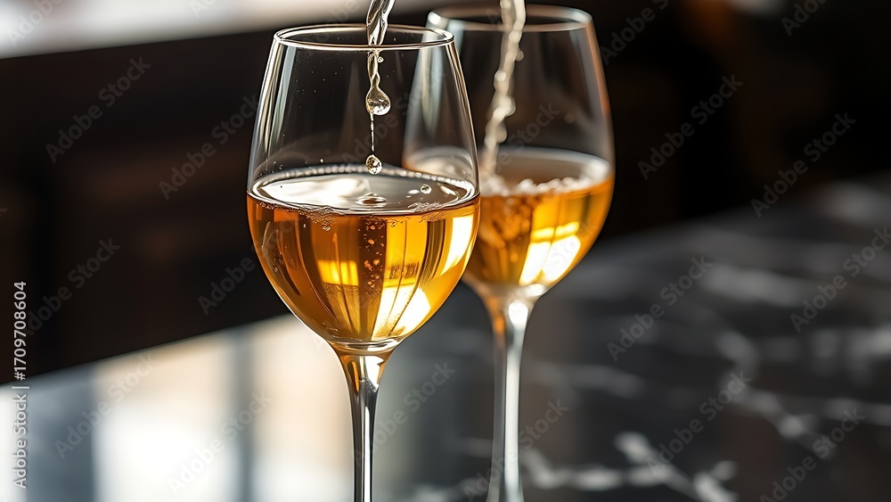 Fototapeta premium Two wine glasses with golden liquid pouring, elegant condensation on dark marble surface.
