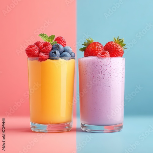 Wallpaper Mural Two vibrant smoothies, one mango-based and the other strawberry, are displayed against split pink and blue backgrounds with fresh berries as garnish for refreshment. Torontodigital.ca