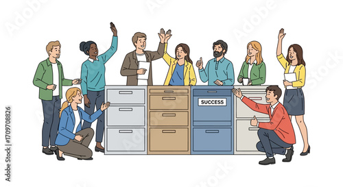 business success concept diverse team celebrating together over filing cabinets labeled success representing teamwork achievement and goal attainment