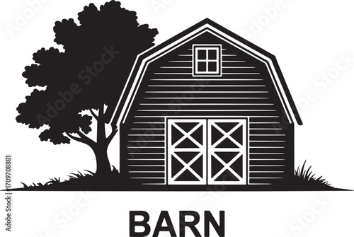 Rustic Barn Silhouette with Tree Farmhouse Icon Countryside Building Agriculture Structure Vector