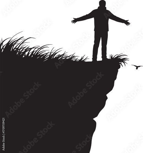Silhouette of a Man Standing on a Cliff Edge with Arms Outstretched Vector Illustration