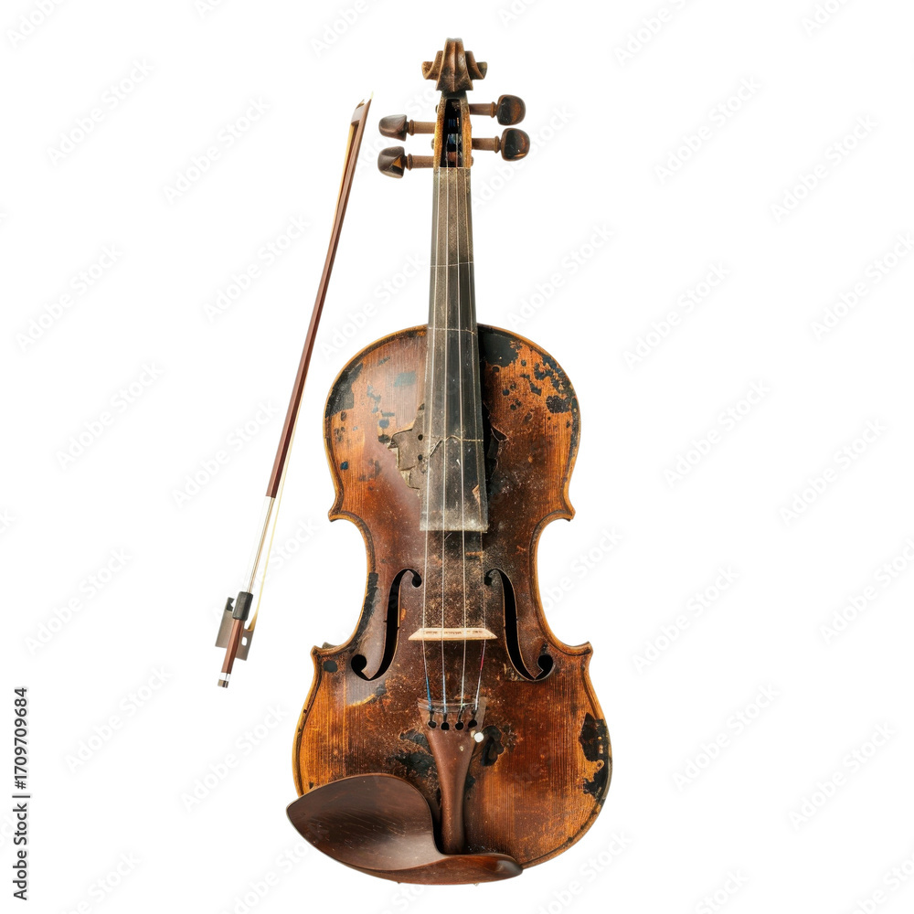 Fototapeta premium Antique violin with bow resting against it on a black studio background