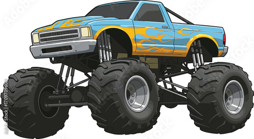 Monster truck illustration, blue truck with flames, oversized tires, off-road vehicle design, extreme sports, automotive art, powerful suspension system