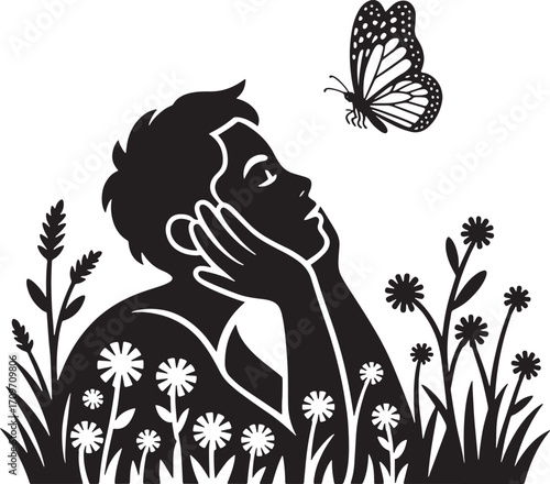 Silhouette of a Person Gazing at a Butterfly in a Field of Flowers on a Sunny Day Illustration