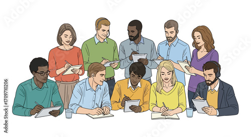 diverse business team taking notes during a meeting writing on notebooks and tablets in an office promoting teamwork and corporate collaboration
