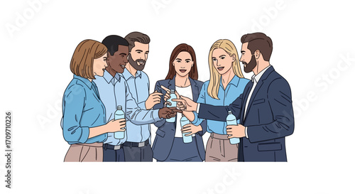 Diverse business team toasting with water bottles celebrating a success showing teamwork and healthy office lifestyle for corporate marketing