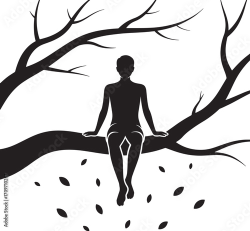 Silhouette of a Person Sitting on a Tree Branch with Falling Leaves in a Vector Illustration