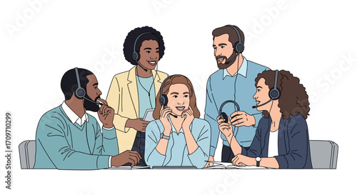 Diverse customer service team assisting clients with headsets in a modern office showcasing teamwork and communication for business solutions.