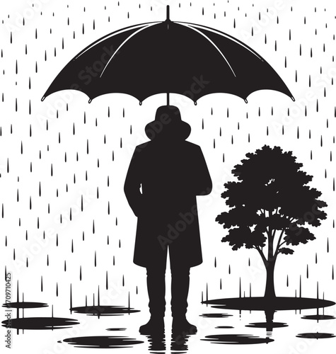 Silhouette of a Person with an Umbrella in the Rain with a Tree Vector Graphic