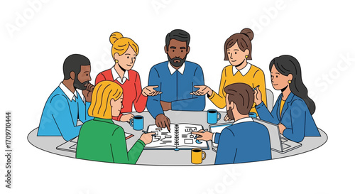 Diverse team brainstorming strategy collaborating around a table with laptops and notebooks fostering innovation and teamwork in a modern office setting.